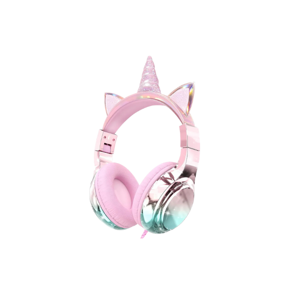 Fones de ouvido infantis QearFun Unicorn – Volume seguro, microfone, dobrável, rosa