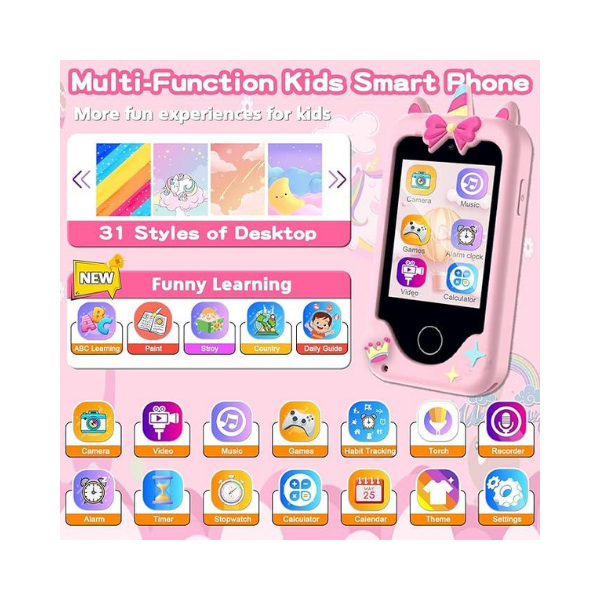 Telefone de brinquedo inteligente para crianças – tela sensível ao toque de 2,8”, câmeras duplas, jogos e música