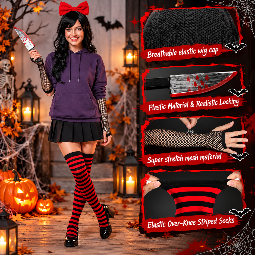 Bunnycool 5-Piece Halloween Killer Costume Set with Wig, Knife and Stockings