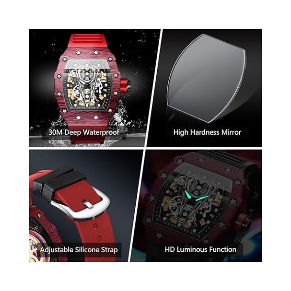 BINBOND Square Skeleton Automatic Watch – Self-Winding Mechanical Timepiece