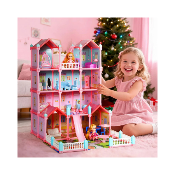 CUTE STONE 4-Story Dollhouse with 15 Rooms & Furniture Set for Girls