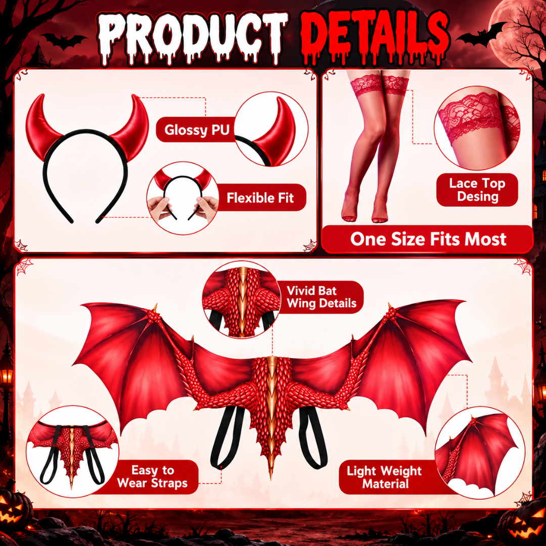 Bunnycool six-piece red dragon wings costume accessory set, product gallery image 4 of 5