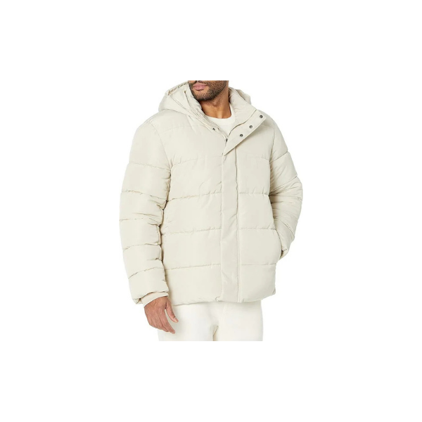 Amazon Essentials Men’s Ivory Hooded Puffer Jacket – Eco-Friendly Winter Wear