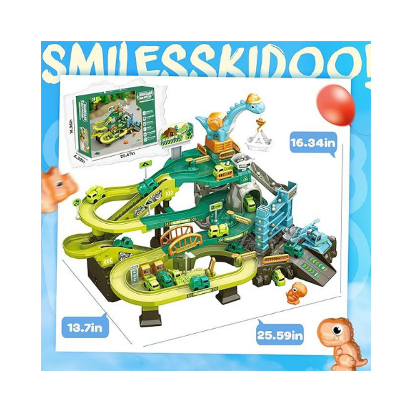SMILESSKIDDO 73 PCS Dinosaur Car Tracks, Music & Lights, Construction Toys