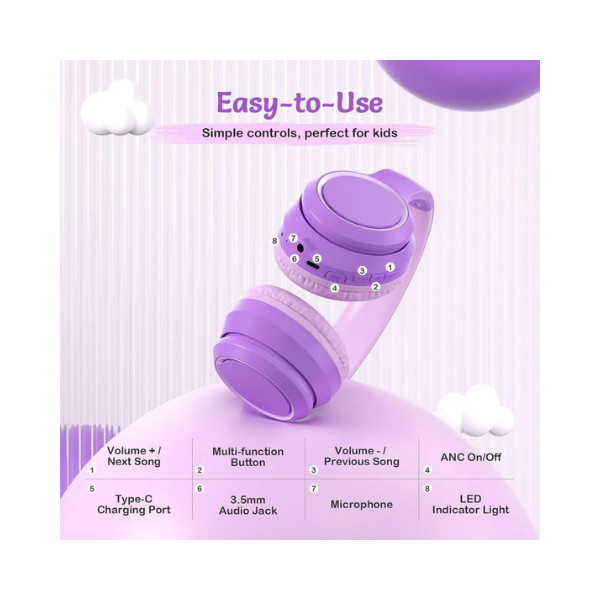 TONOSHARK Kids Bluetooth Headphones ANC 40H Wireless Over-Ear Purple