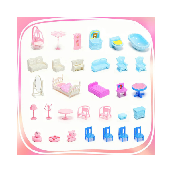 CUTE STONE 4-Story Dollhouse with 15 Rooms & Furniture Set for Girls