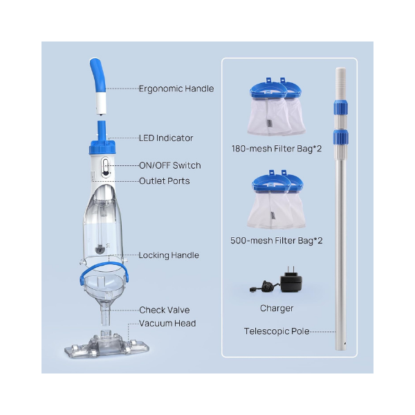 Consciot Cordless Pool Vacuum Cleaner Telescopic Pole 1110 GPH 60 Min Runtime PC15H