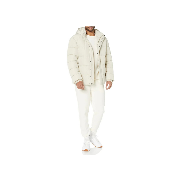 Amazon Essentials Men’s Ivory Hooded Puffer Jacket – Eco-Friendly Winter Wear