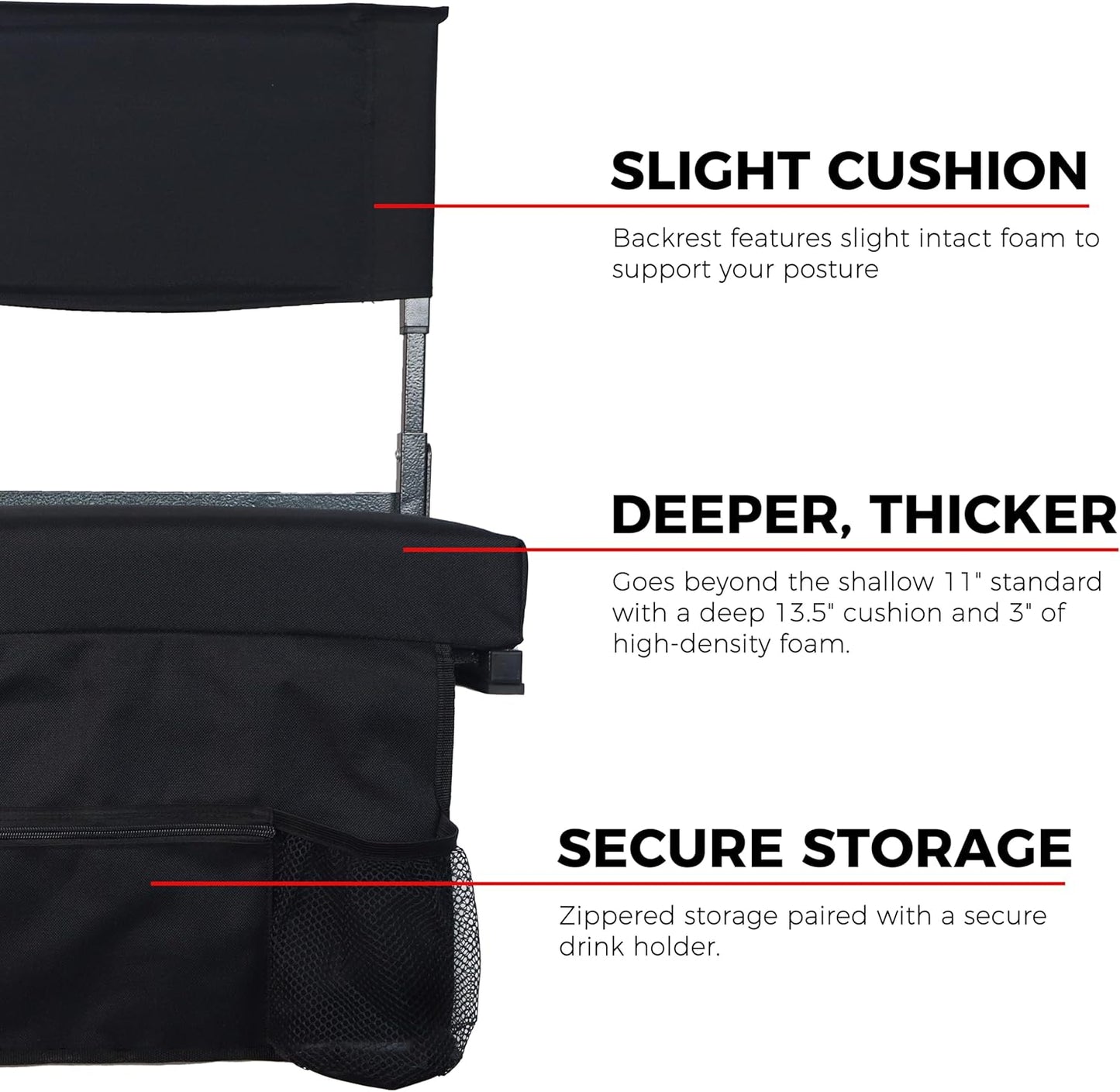 JST GAMEZ Black Stadium Seat with Back Support & Thick Foam Cushion