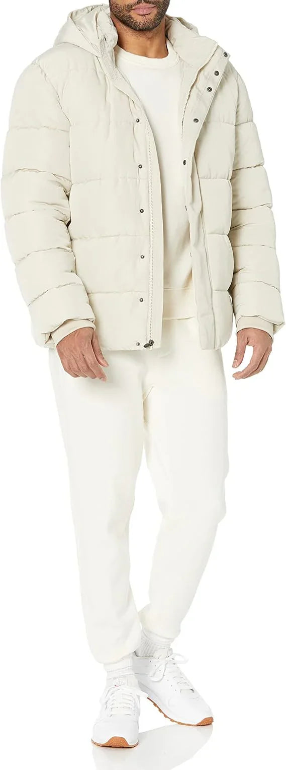 Men’s Ivory Hooded Puffer Jacket – Thick Bubble Coat 100% Polyester - Logan's Toy Chest