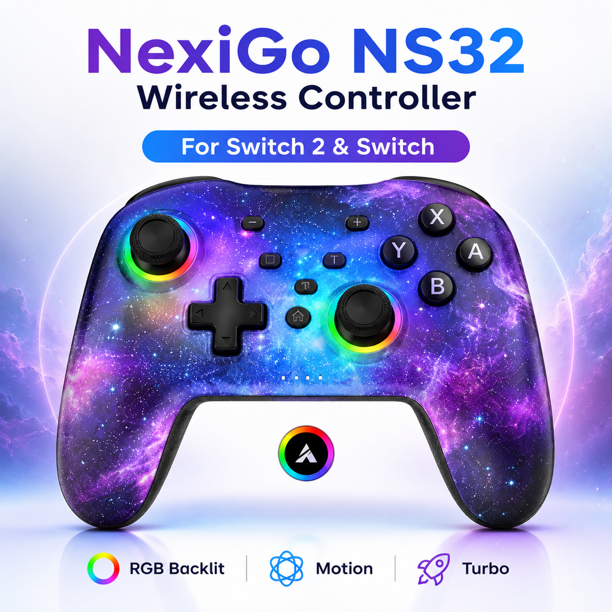 NexiGo NS32 Cosmic Nebula wireless controller for Switch 2 and Switch with RGB lighting