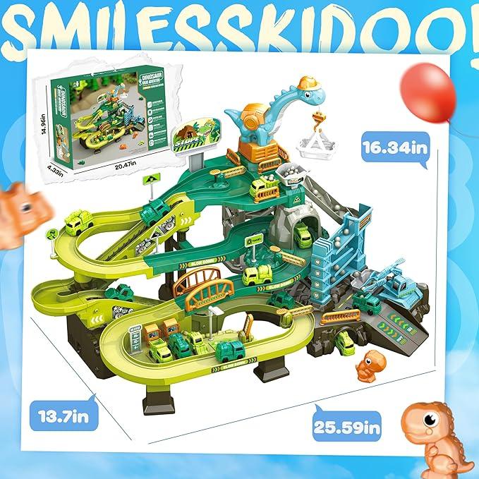 SMILESSKIDDO 73 PCS Dinosaur Car Tracks, Music & Lights, Construction Toys - Logan's Toy Chest