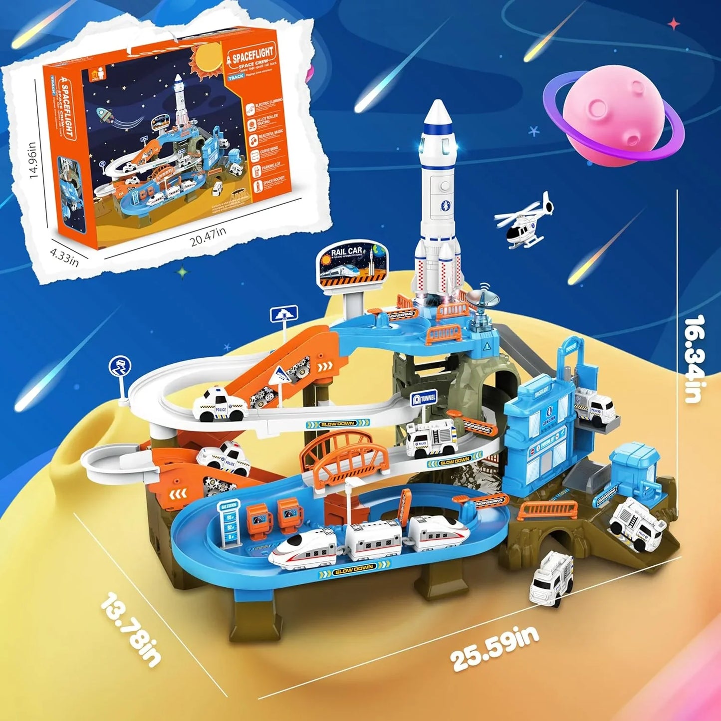 SMILESSKIDDO 73 PCS Space Car Tracks, Music & Lights, Construction Toys - Logan's Toy Chest