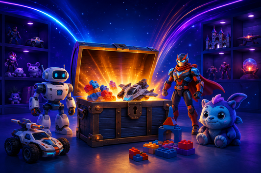 Glowing toy chest surrounded by original action figures, a robot, plush toy, vehicle, and building pieces