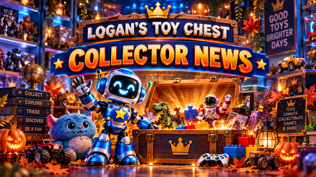 Logan's Toy Chest Collector News with original robot mascot, toy chest, plush toy and collectibles