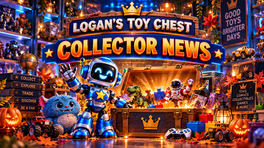 Logan's Toy Chest Collector News with original robot mascot, toy chest, plush toy and collectibles