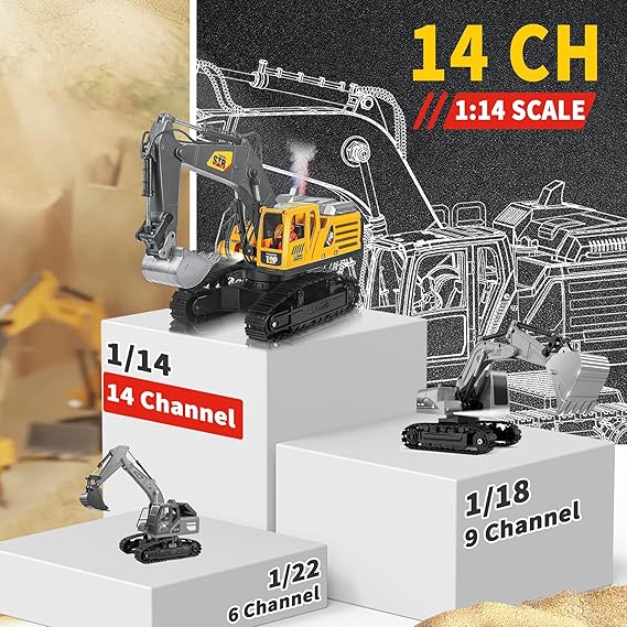 14 Channel Remote Control Excavator Toy, Lights, Sounds, 1:14 Scale Digger - Logan's Toy Chest