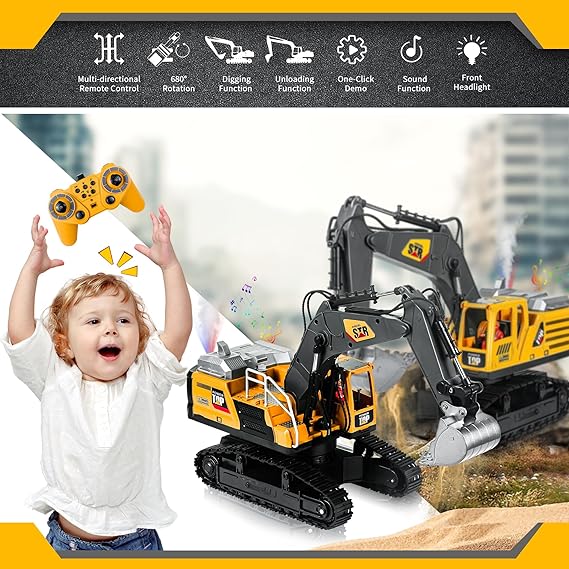 14 Channel Remote Control Excavator Toy, Lights, Sounds, 1:14 Scale Digger - Logan's Toy Chest