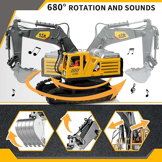 14 Channel Remote Control Excavator Toy, Lights, Sounds, 1:14 Scale Digger - Logan's Toy Chest