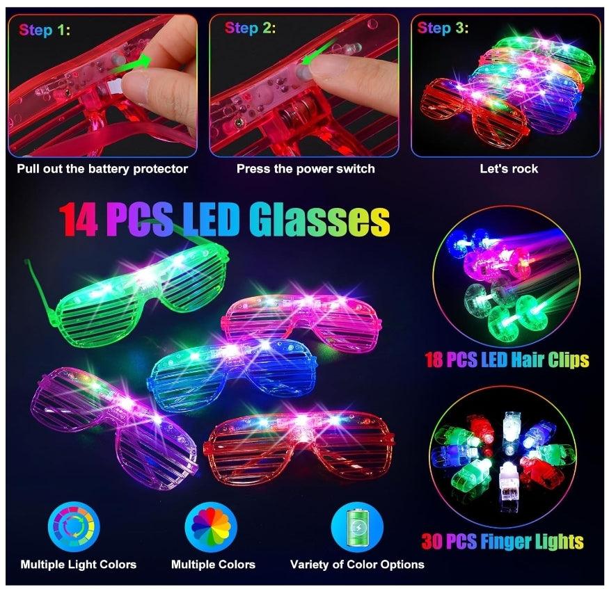 158 PCS Glow in the Dark Party Supplies - LED Glasses, Finger Lights, Glow Stick - Logan's Toy Chest