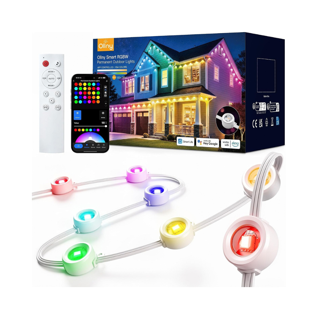 Ollny Permanent Outdoor Lights 100FT 60LED RGBW Smart App Control IP67 Holiday Lights