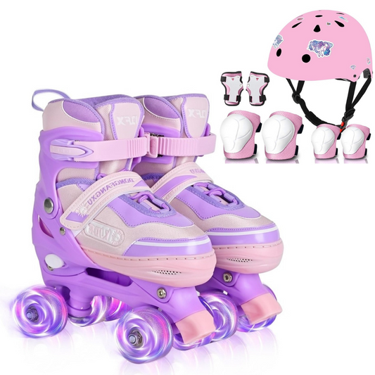 Girls Adjustable Roller Skates & Protective Helmet and Pads Gear Bundle