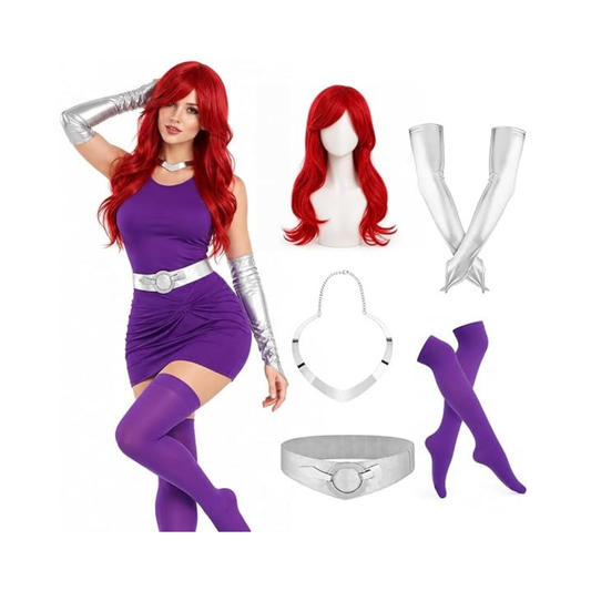 Women Starfire Princess Cosplay Accessories 5 Piece Red Wig Gloves Belt Necklace Purple Socks