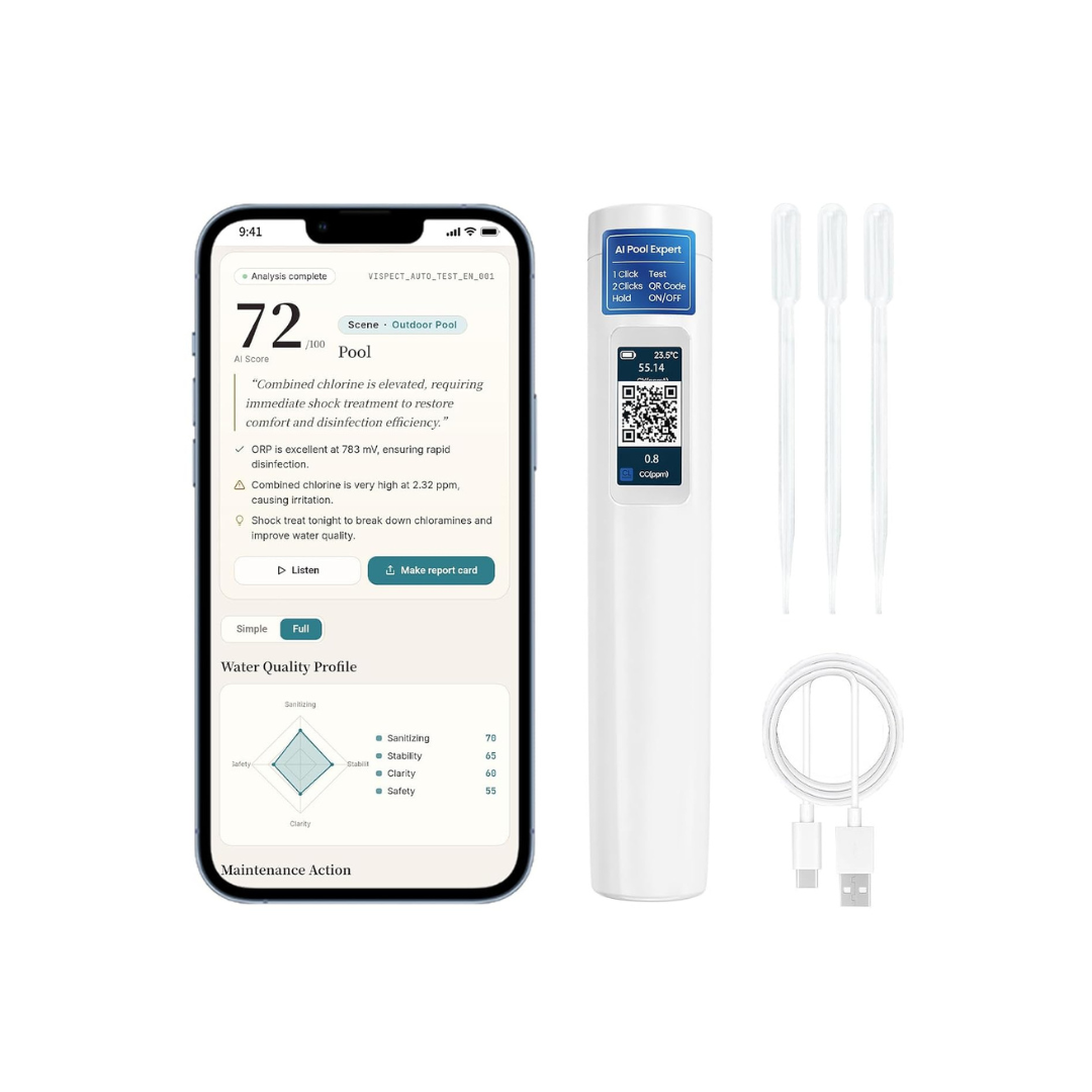 VISPECT 12-in-1 Digital Pool Water Tester with AI Salt & Chlorine Analysis