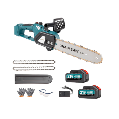 XYSD 12-Inch 21V Brushless Cordless Chainsaw with Two Batteries and Two Chains