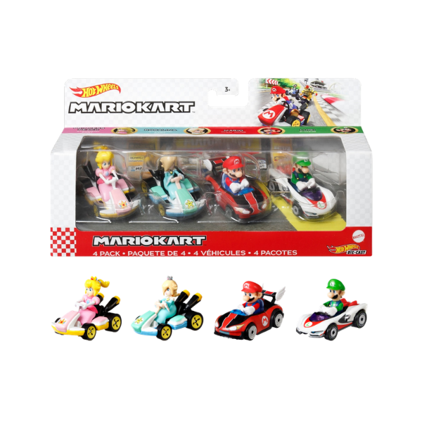Hot Wheels Mario Kart 4 Pack Die Cast Vehicles Set – Mario Luigi Peach Rosalina Nintendo Kart Racers