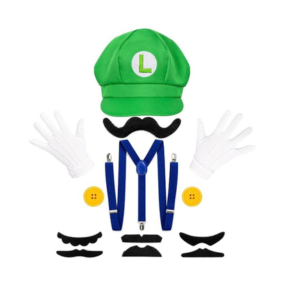Y9Y9 Green Hero Costume Accessory Set – Hat, Mustache, Suspenders, Gloves & Buttons