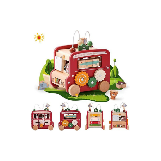 Cubo de atividades Montessori de madeira 8 em 1 | Brinquedo educativo de ônibus de viagem