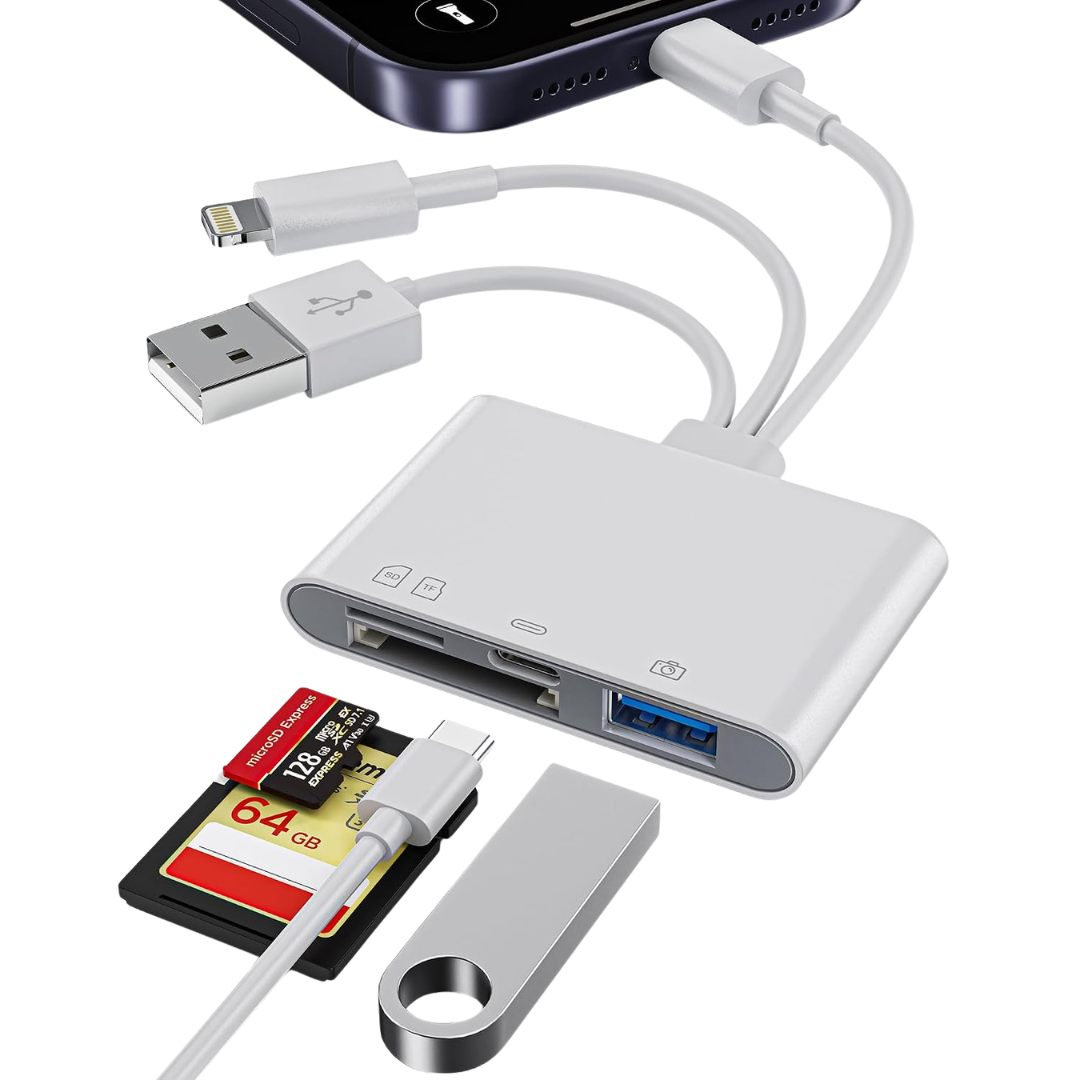 4-in-1 SD Card Reader for iPhone iPad Mac USB-C Lightning USB-A Adapter
