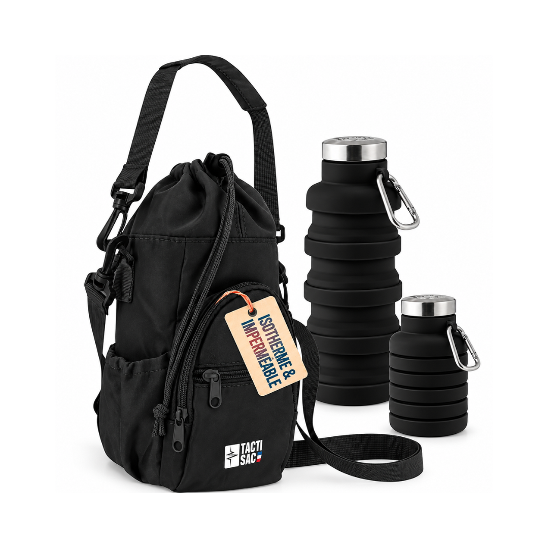 Tacti Sac Insulated Water Bottle Carrier with Collapsible Bottle & Crossbody Strap – Black