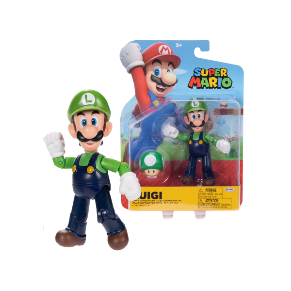 Super Mario Luigi 4 inch Articulated Action Figure with Green Mushroom Accessory
