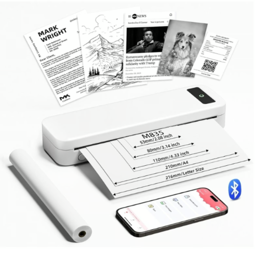 ASprink M835 Wireless Portable Printer | Bluetooth, 300dpi, Compact Printing