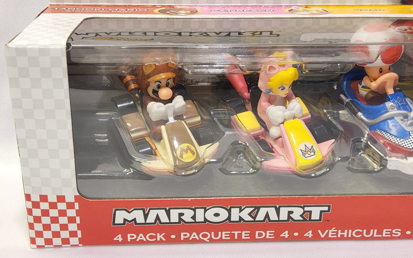 Hot Wheels Mario Kart 4-Pack Cars Tanooki Mario Cat Peach Toad Toadette