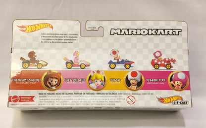 Hot Wheels Mario Kart 4-Pack Cars Tanooki Mario Cat Peach Toad Toadette