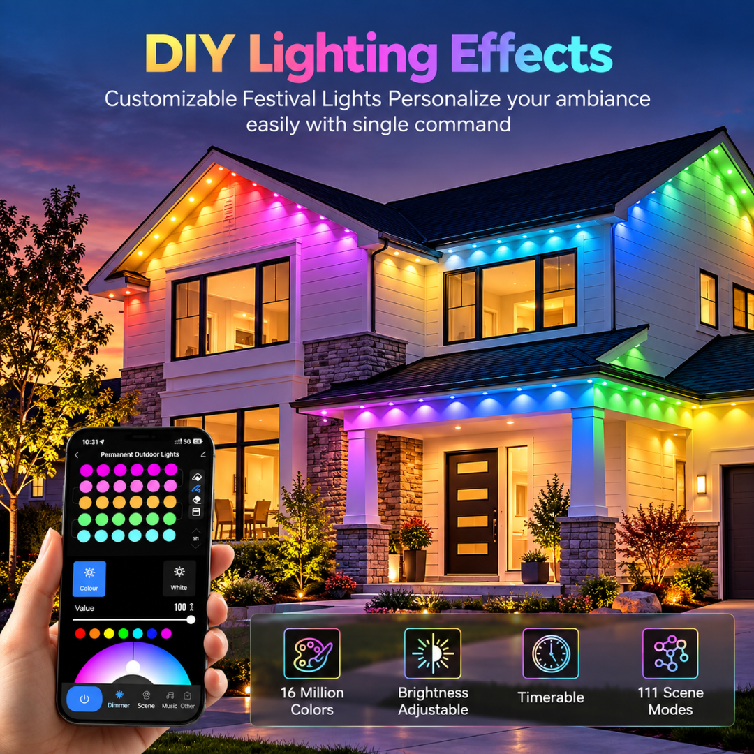 Ollny Permanent Outdoor Lights 100FT 60LED RGBW Smart App Control IP67 Holiday Lights