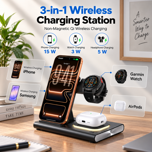 Aresh 3-in-1 Wireless Charging Station for Garmin Watches, Phone & Earbuds