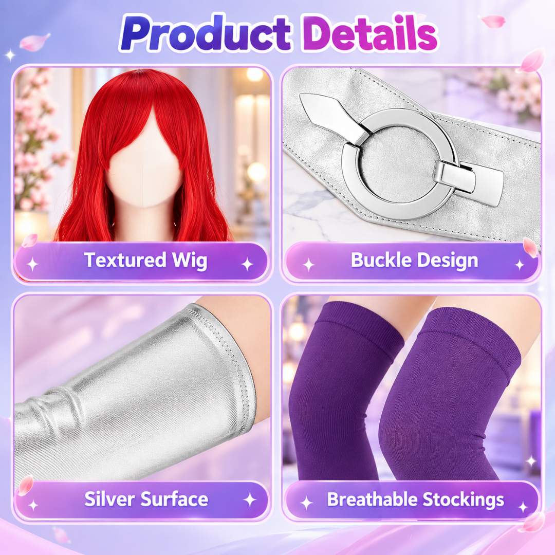 Women Starfire Princess Cosplay Accessories 5 Piece Red Wig Gloves Belt Necklace Purple Socks