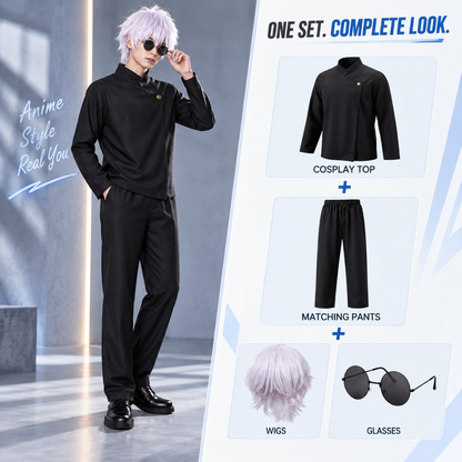 Prylo Senn Men’s Anime-Inspired School Uniform Cosplay Set with White Wig & Glasses – Medium