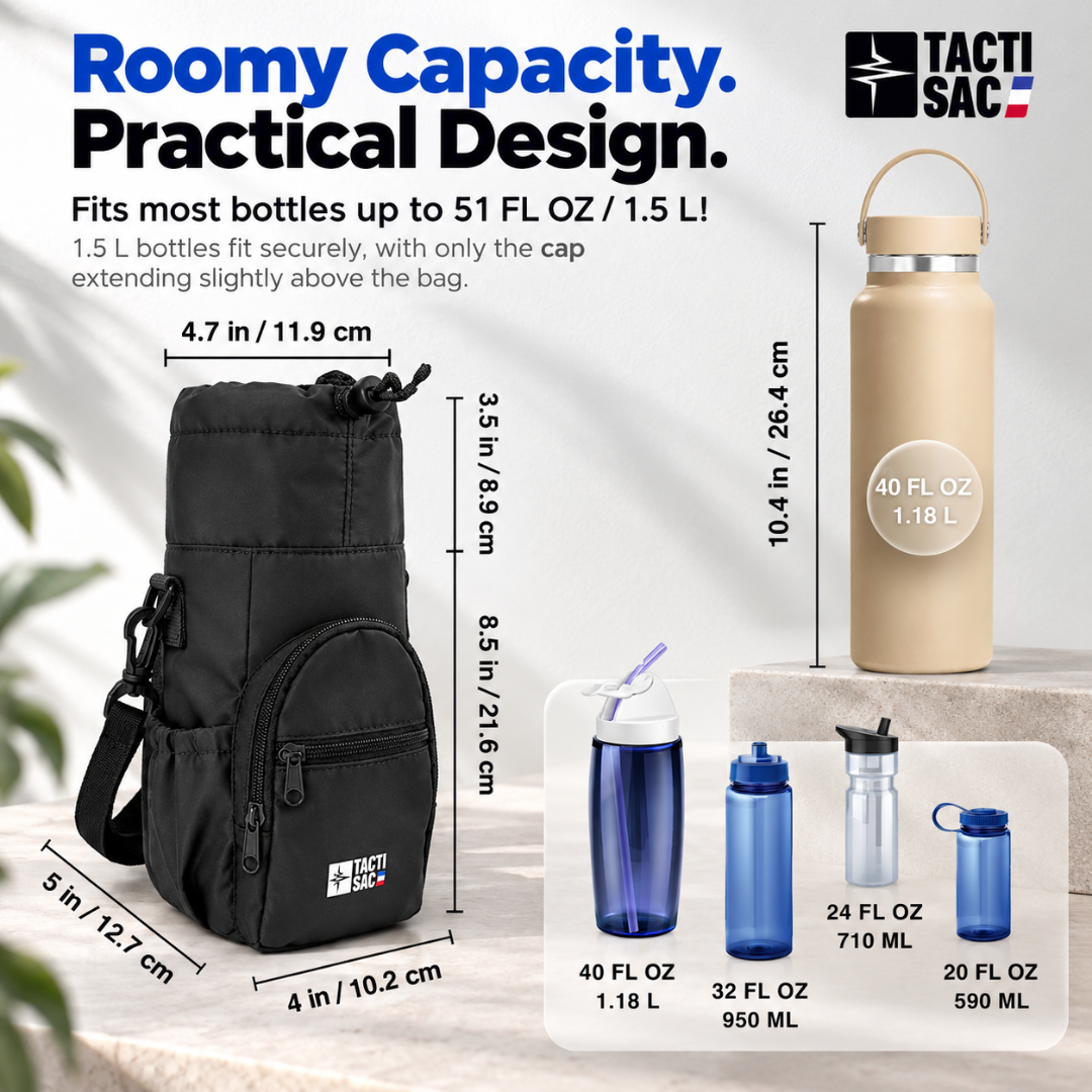 Tacti Sac Insulated Water Bottle Carrier with Collapsible Bottle & Crossbody Strap – Black
