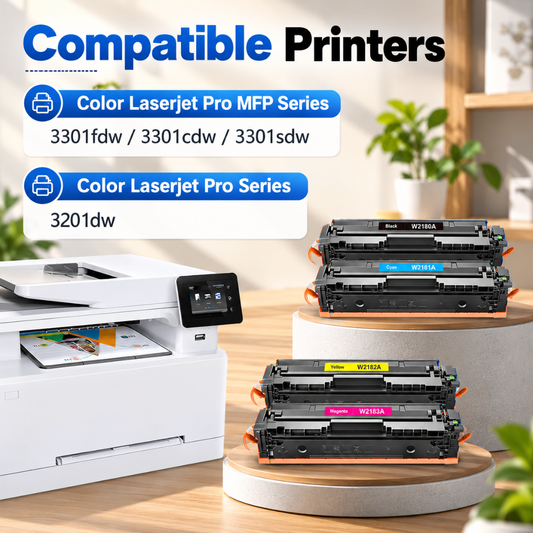 Compatible printers for Gresinly 218A toner cartridges, including HP Color LaserJet Pro MFP 3301fdw, 3301cdw, 3301sdw, and Color LaserJet Pro 3201dw, with black, cyan, yellow, and magenta toner cartridges displayed.