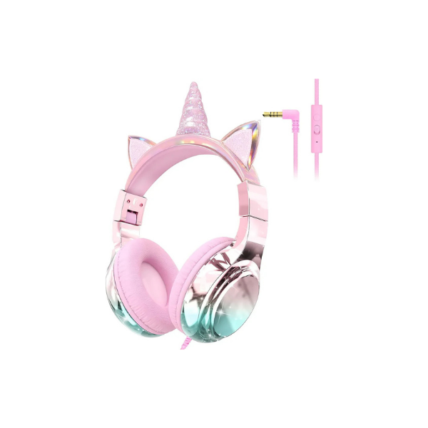 Fones de ouvido infantis QearFun Unicorn – Volume seguro, microfone, dobrável, rosa