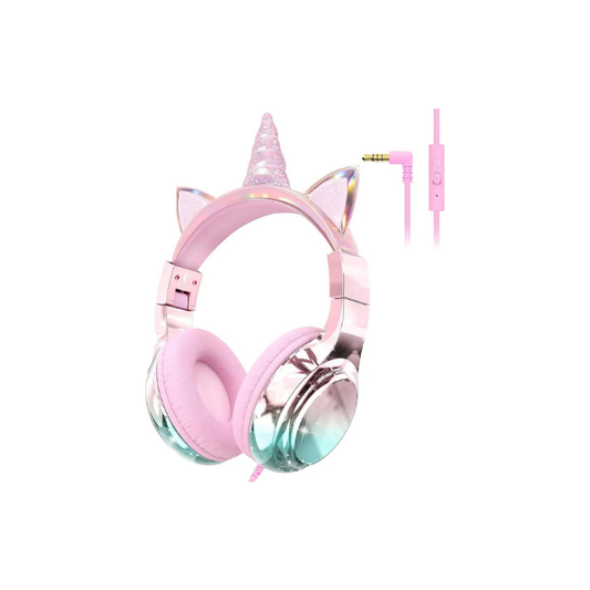 Fones de ouvido infantis QearFun Unicorn – Volume seguro, microfone, dobrável, rosa