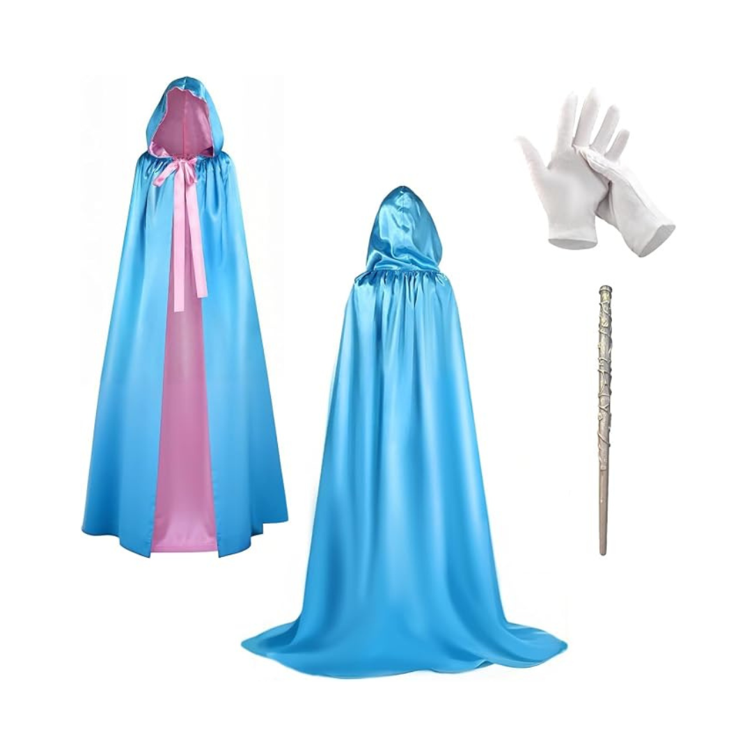 Buyzzus Adult Fairy Godmother Costume Set – Blue Cape, Wand & Gloves