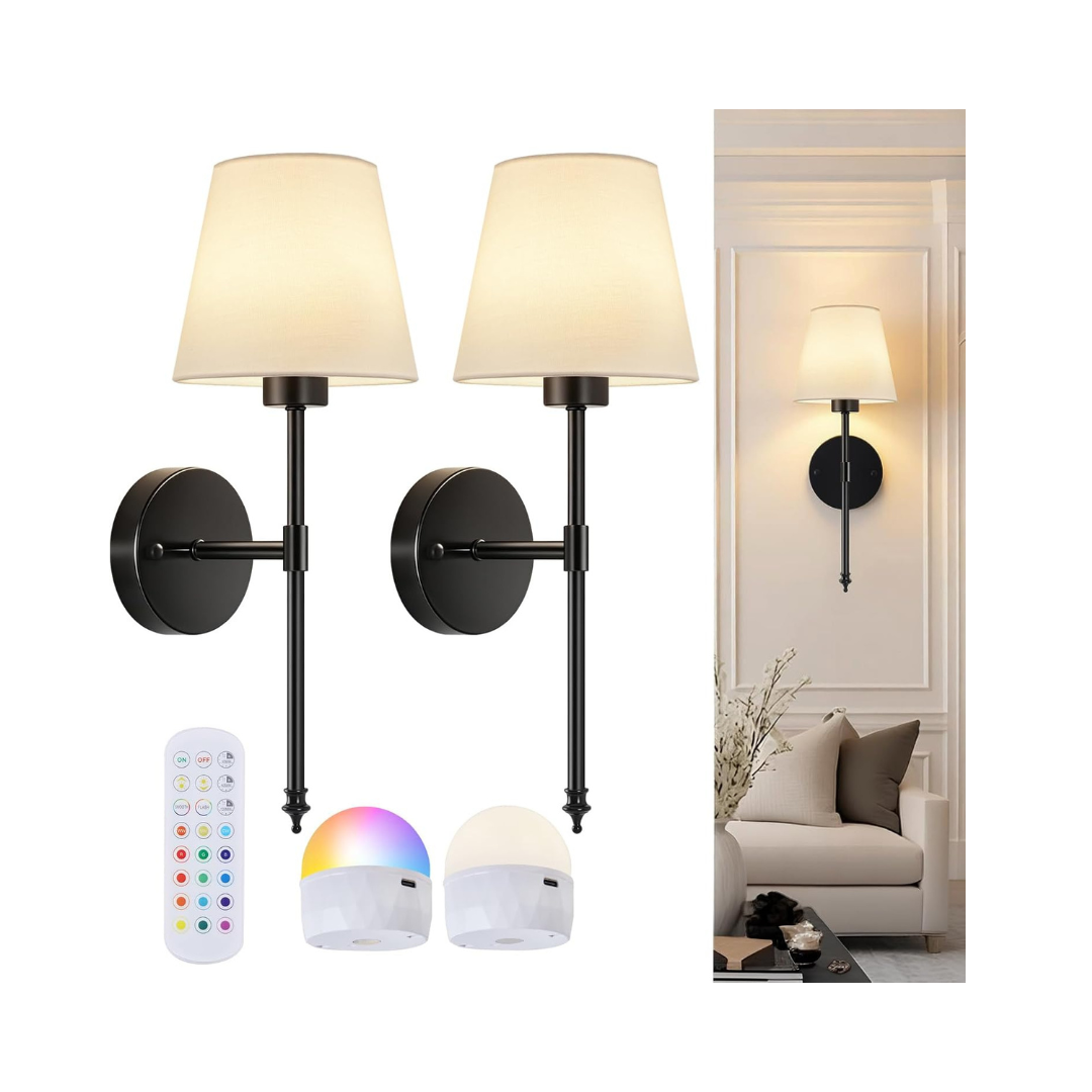 SoodMi Wireless Battery Wall Sconces Set of 2, RGB Dimmable, Brass Black