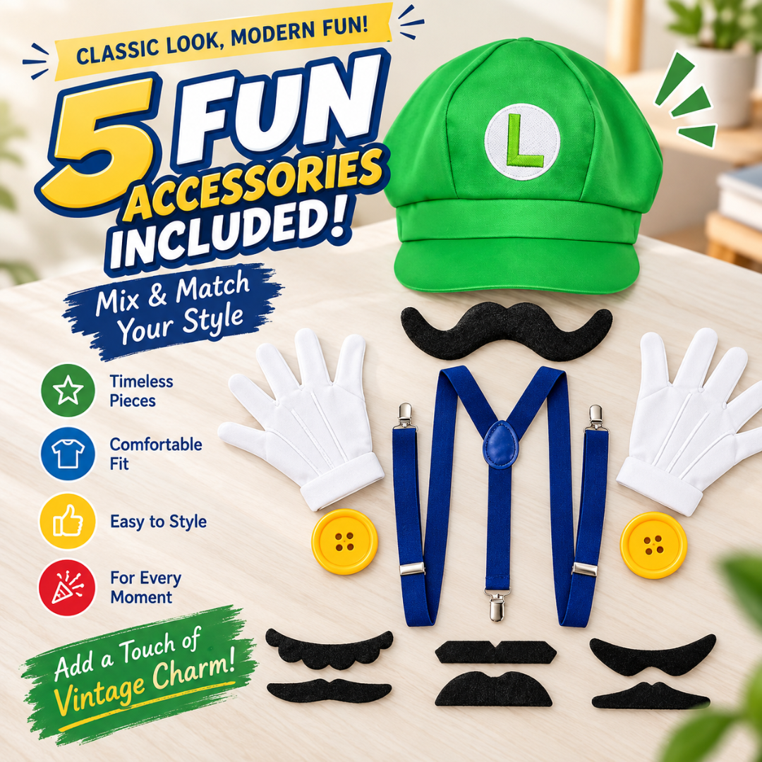 Y9Y9 Green Hero Costume Accessory Set – Hat, Mustache, Suspenders, Gloves & Buttons
