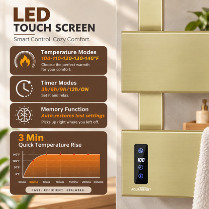 Aquatrend 3-Panel Electric Towel Warmer – LED Time & Temperature Control, Gold